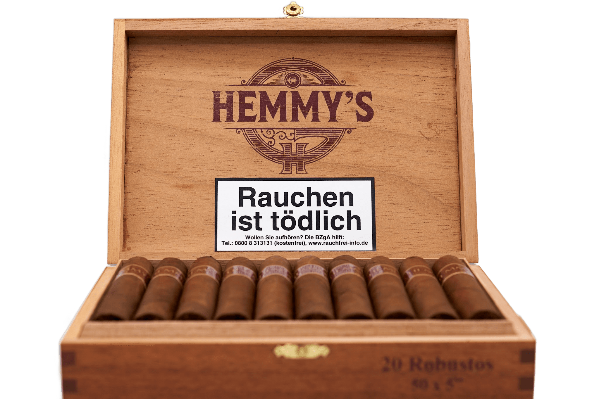 Geöffnete Massivholzkiste mit Hemmy's Robustos und eingebranntem Markenlogo